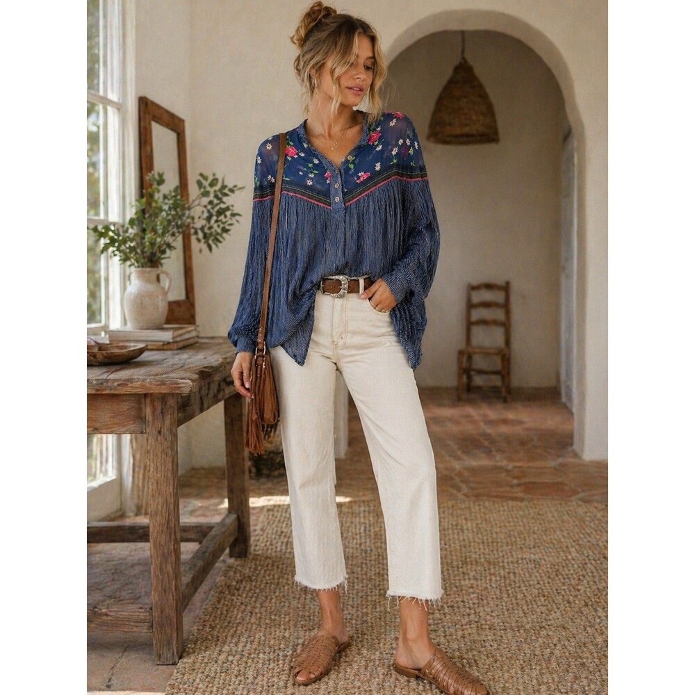 Free People Boho Tunic Top Blue Stripe Floral Sheer Yoke Long Sleeve Size S - Picture 9 of 11